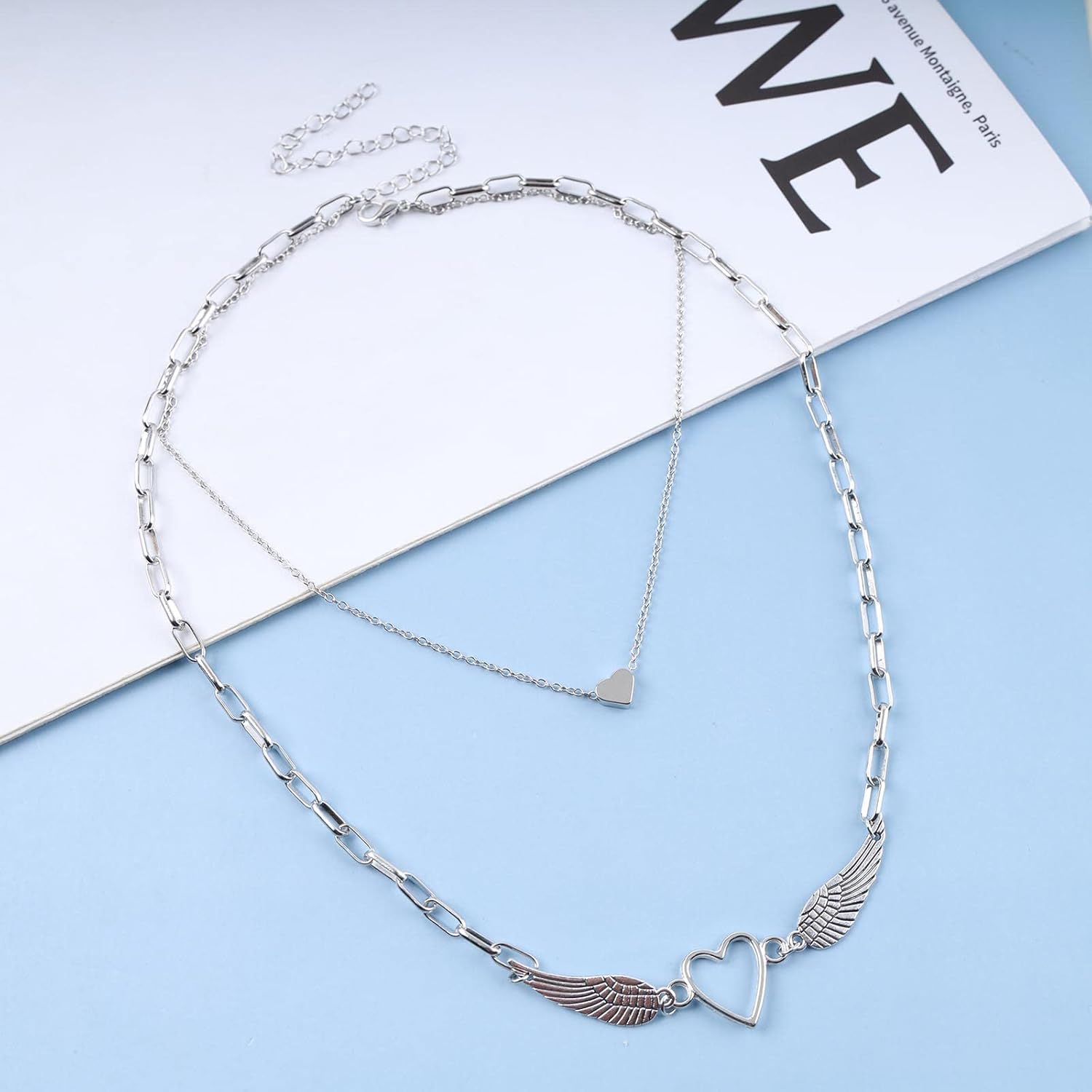 Boho Layered Heart Necklace Hollow Heart Choker Necklace Angel Wings Pendant Necklace Silver Paperclip Chain Necklace Jewelry for Women - Image 3