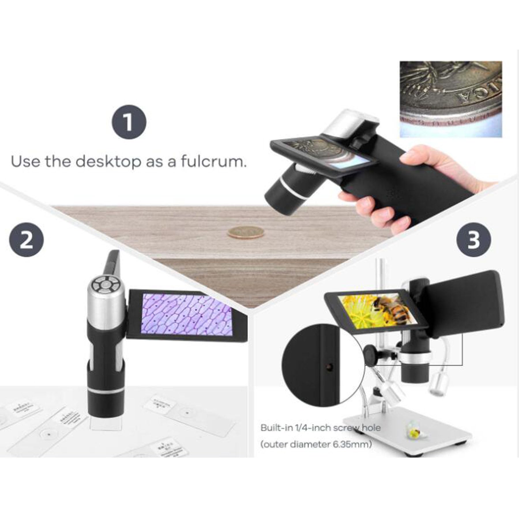 Microscopio Digital de Mano, microscopio de Bolsillo portátil con Pantalla de 4 Pulgadas para niños y Adultos, microscopio de Video electrónico Negro, microscopio de Moneda USB