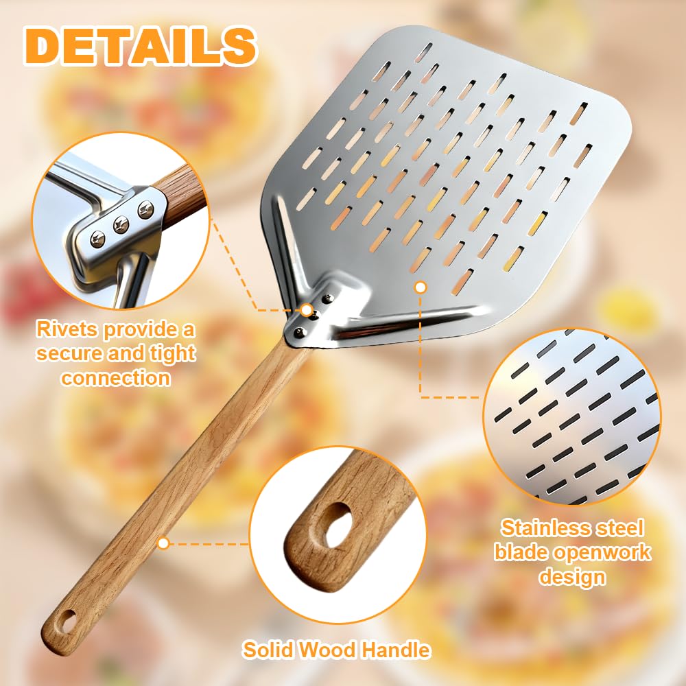 Pelle à Pizza, 12 Pouces Pelle Pizza 39.5x30 cm, Pelle a Pizza Perforée Inox avec Grande Surface et Long Poignée Amovible, Glisse Facilement sur la Pierre à Pizza pour Cuisson de Pizzas