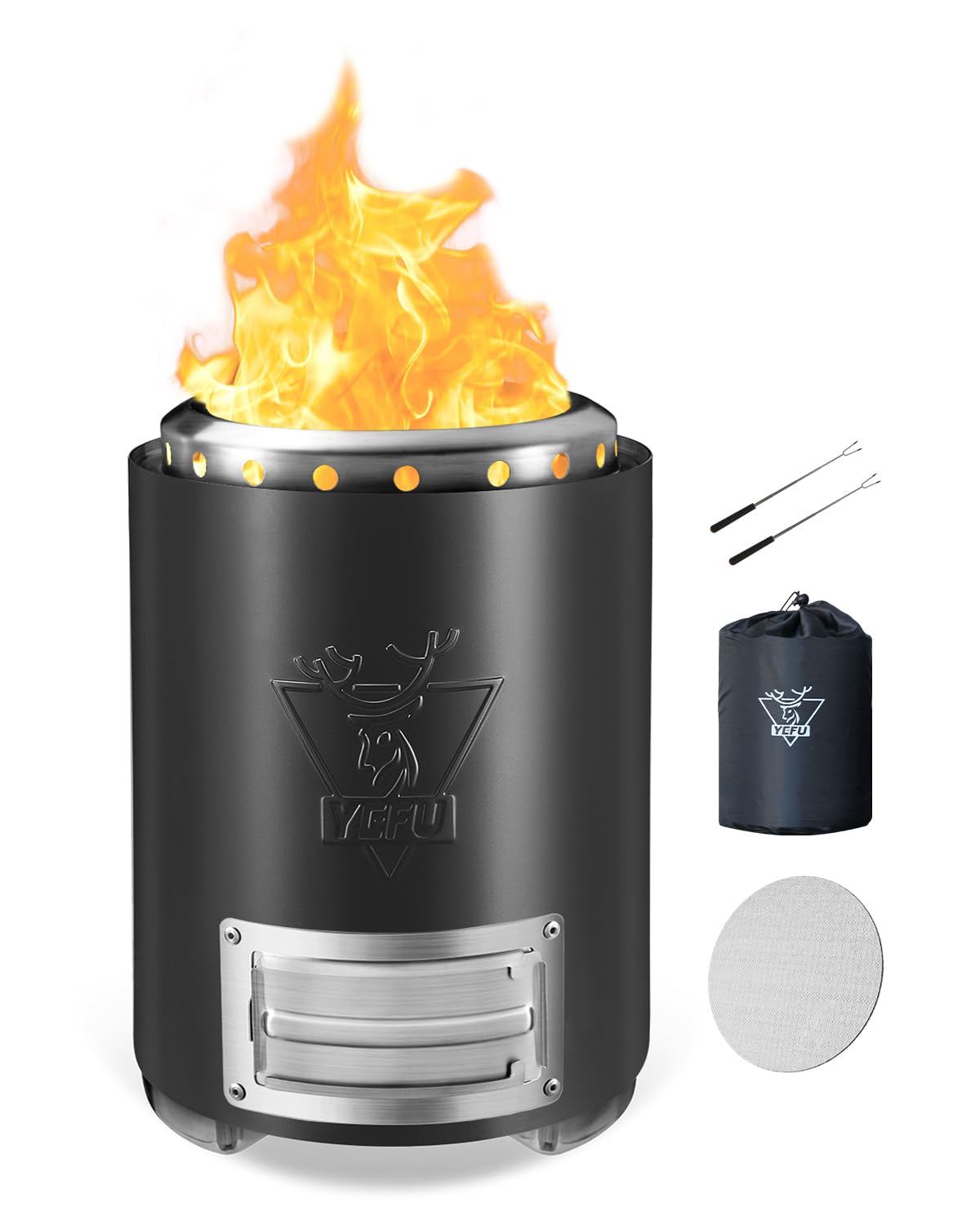 YEFUTabletop Fire Pit 7.1in Dia, Flame Intensity Control Camping Stove for Outdoor & Patio, Fueled by Pellets or Wood, Safe Burning Mini Fire Pit, with Travel Bag & Roasting Sticks, Black