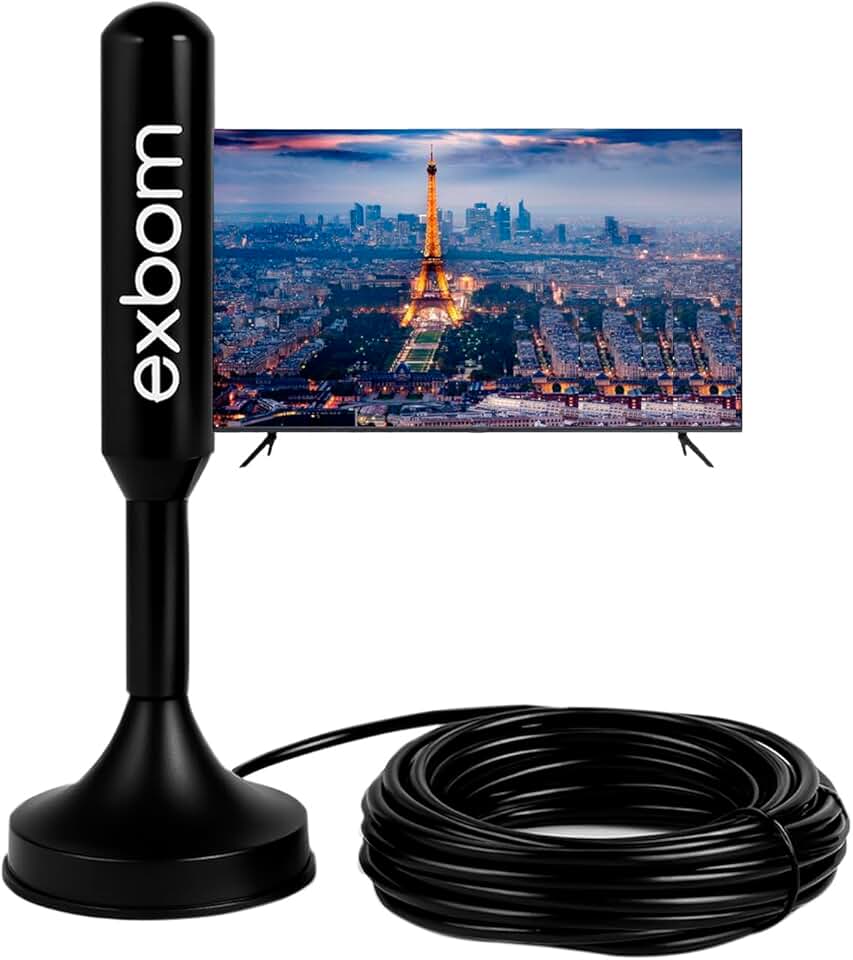 Antena TV Digital Amplificada HDTV/UHF/VHF Interna Externa FULL HD HDTV 4K Base Magnética Imã com cabo