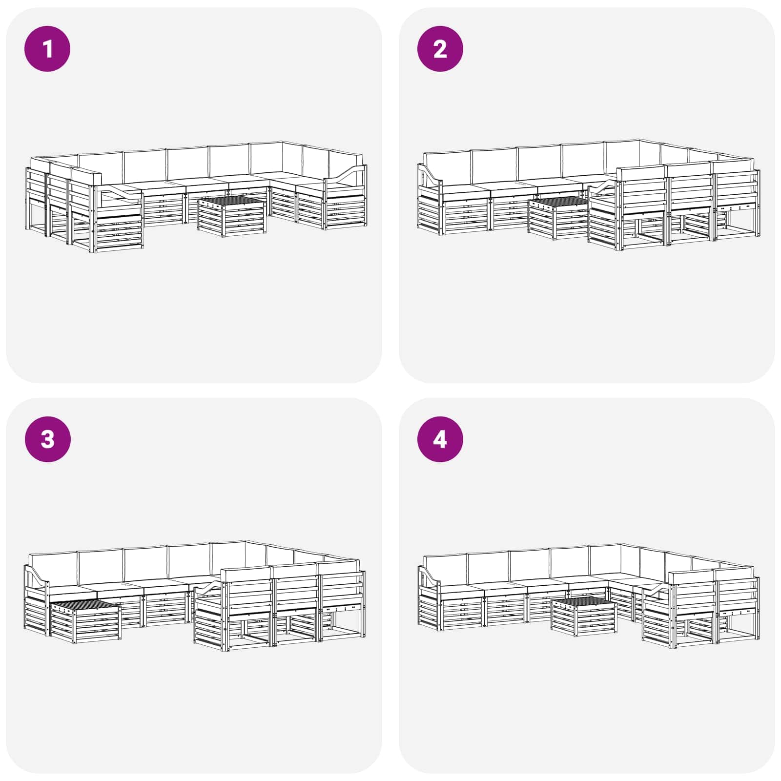 Ensemble de Canapés d'Extérieur 11 Pièces en Bois d'Acacia Massif avec Coussins, Salon de Jardin Modulable 10 Places pour Terrasse et Jardin, Style Moderne Lattes Blanc et Gris Clair