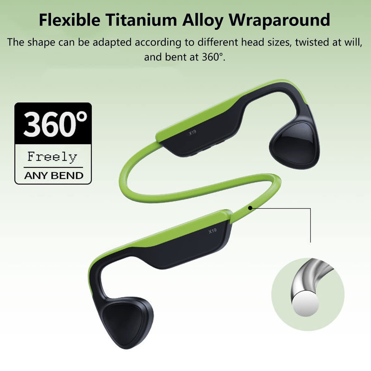 Bezprzewodowe słuchawki sportowe Bluetooth 5.0, przewodzenie kostne / otwarte douszne, bezprzewodowe słuchawki z redukcją szumów, słuchawki stereo do biegania, jazdy na rowerze, fitnessu, jazdy, wędrówek, magnetyczne ładowanie, zielone