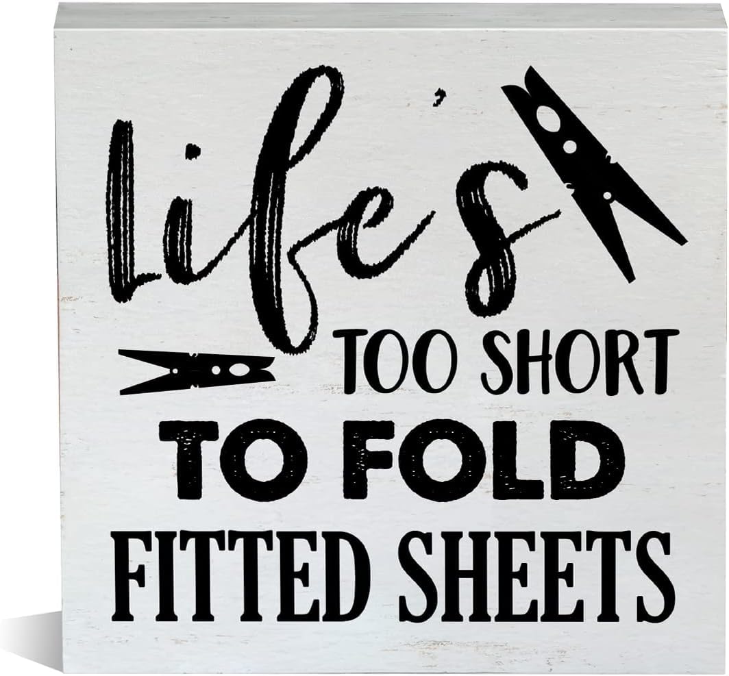 Pibonto Men's Desk Decor 7X7 Inch Laundry Life Quote Rustic Style Wooden Box Sign - Laundry Room Wood Block - Decorative Desk Sign For Home Bathroom Shelf
