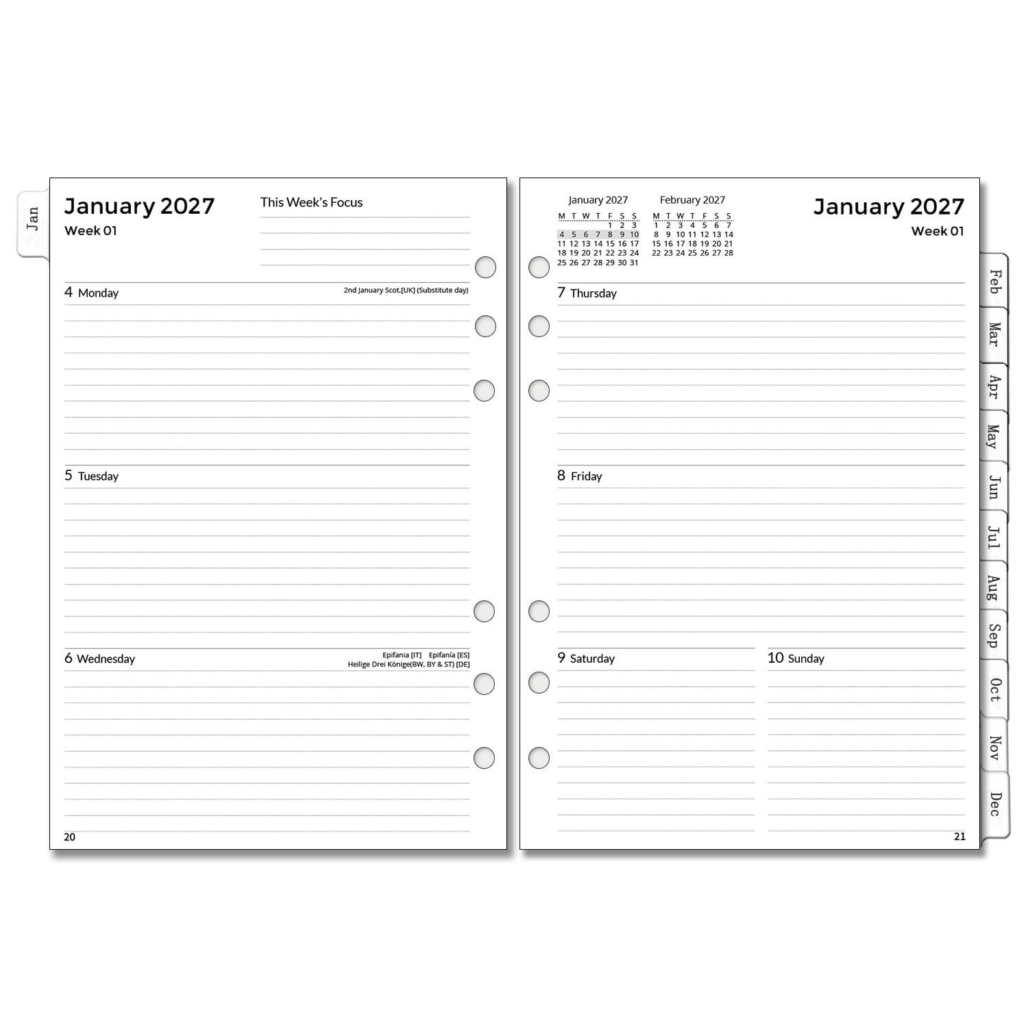 YHH 2027 Diary Refill A5 Week on 2 Page, Tabs, Fit for Filofax A5 Organiser
