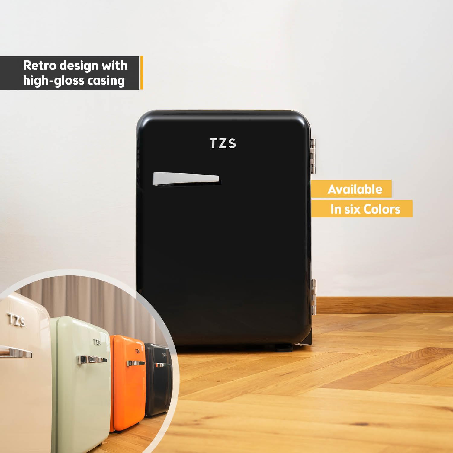 TZS First Austria - Retro Mini Fridge 40L Silent - Small mini fridge in vintage design with interior lighting & 2 door compartments - Minibar for camping, office, bedroom & hotel - black — view 6