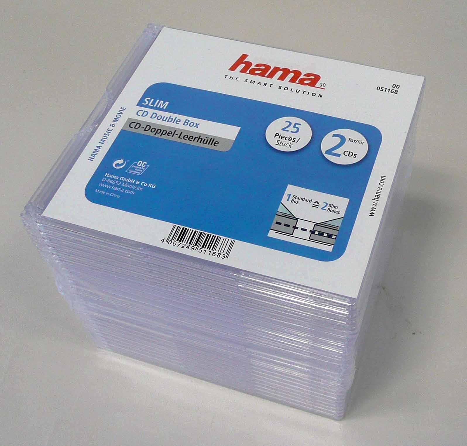 Hama Podwójne pudełko CD w super smukłej obudowie na 50 płyt CD/DVD/Blu-ray, 25 sztuk, przezroczyste, pojedyncze