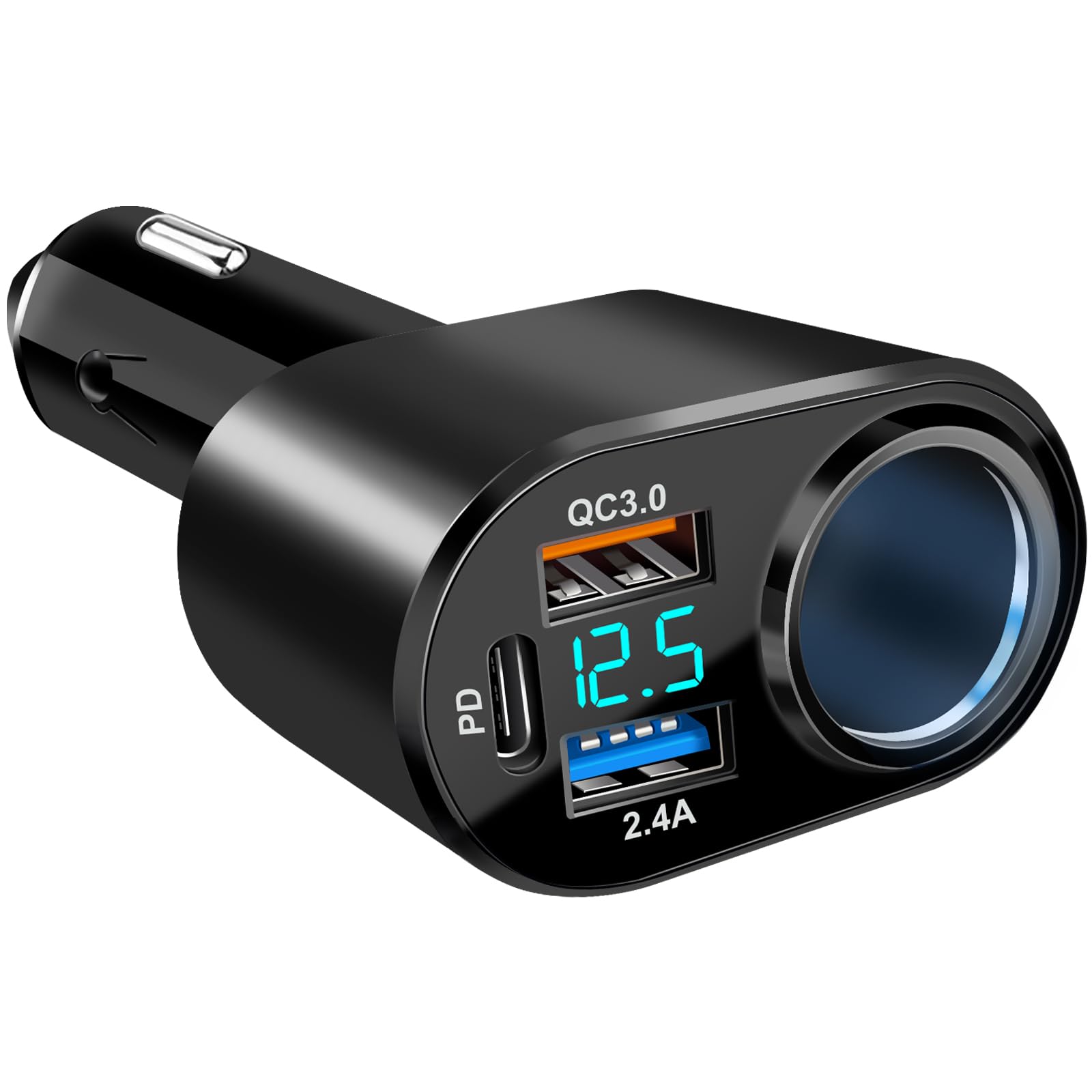 Etre Jeune USB C Car Charger, 90W Cigarette Lighter Adapter Dual USB Fast Charging PD QC 3.0, 12V/24V Car Charger Socket Splitter with LED Voltmeter for Smart Phone GPS Dash Cam