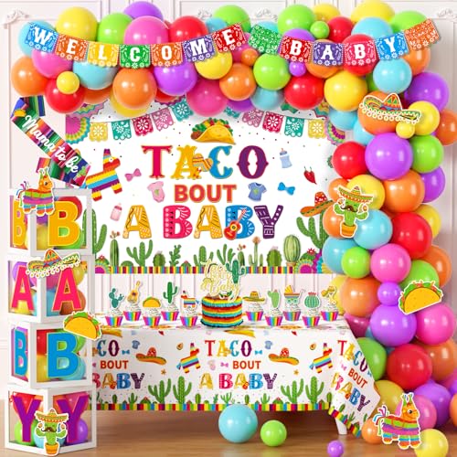 Taco Bout A Baby Shower Decorations Fiesta Gender Reveal Decorations Mexican Taco Themed Backdrop Balloon Banner Boxs Tablecloth Cake Cupcake Sash Cut-Outs for Cinco de Mayo Party Supplies