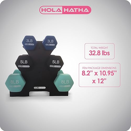 Miniatura 3 de HolaHatha Juego de mancuernas de neopreno de 2, 3, 5, 8 y 10 libras con estante, ideal para ejercicios en casa para ganar tono y definición, color