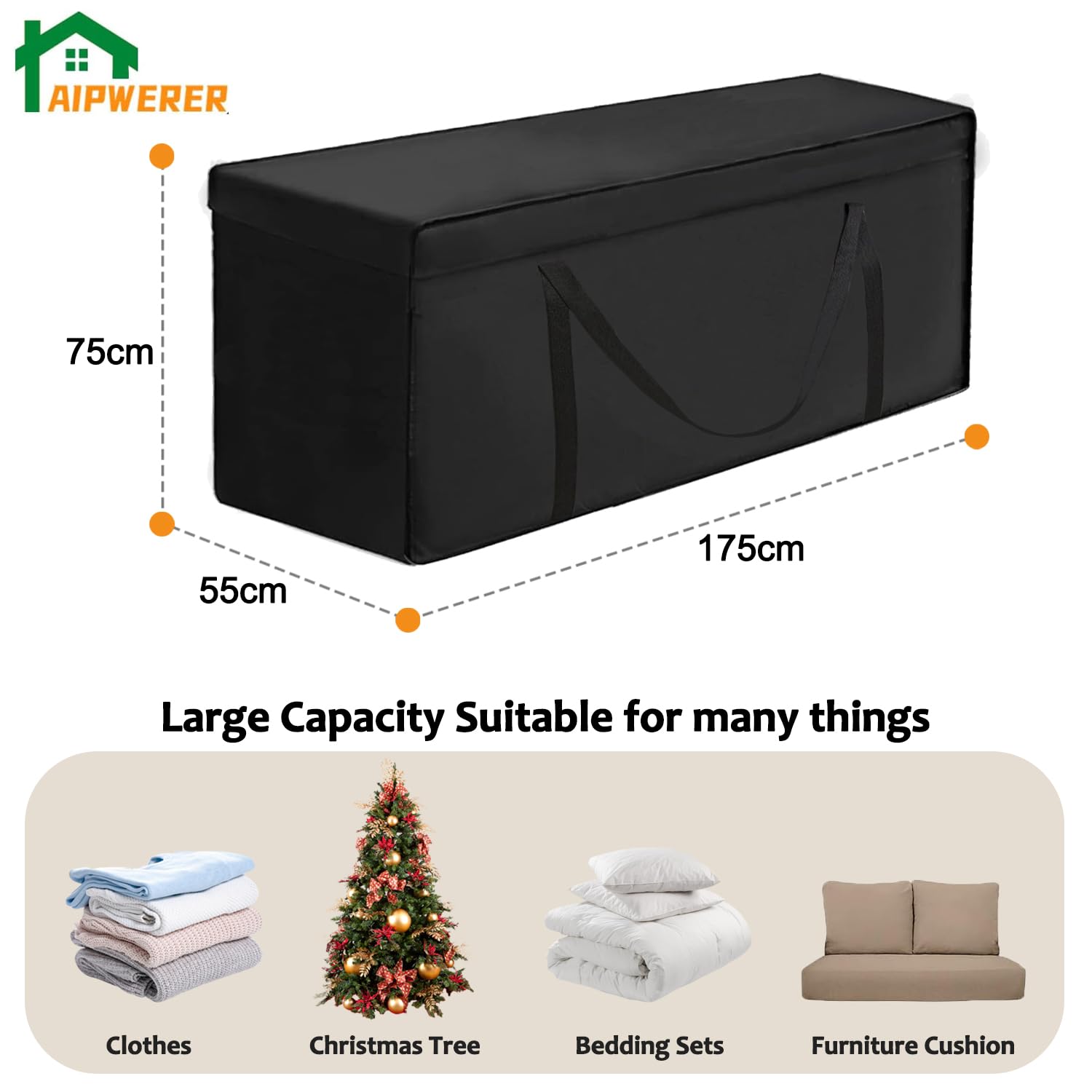 Bolsa Cojines Exterior Impermeable Jardin, Organizador Arbol Navidad 600D Oxford, Anti-UV, Funda de Almacenamiento para Guardar Cojines, Arbol Navidad Exterior (Negro, 175x55x75cm)