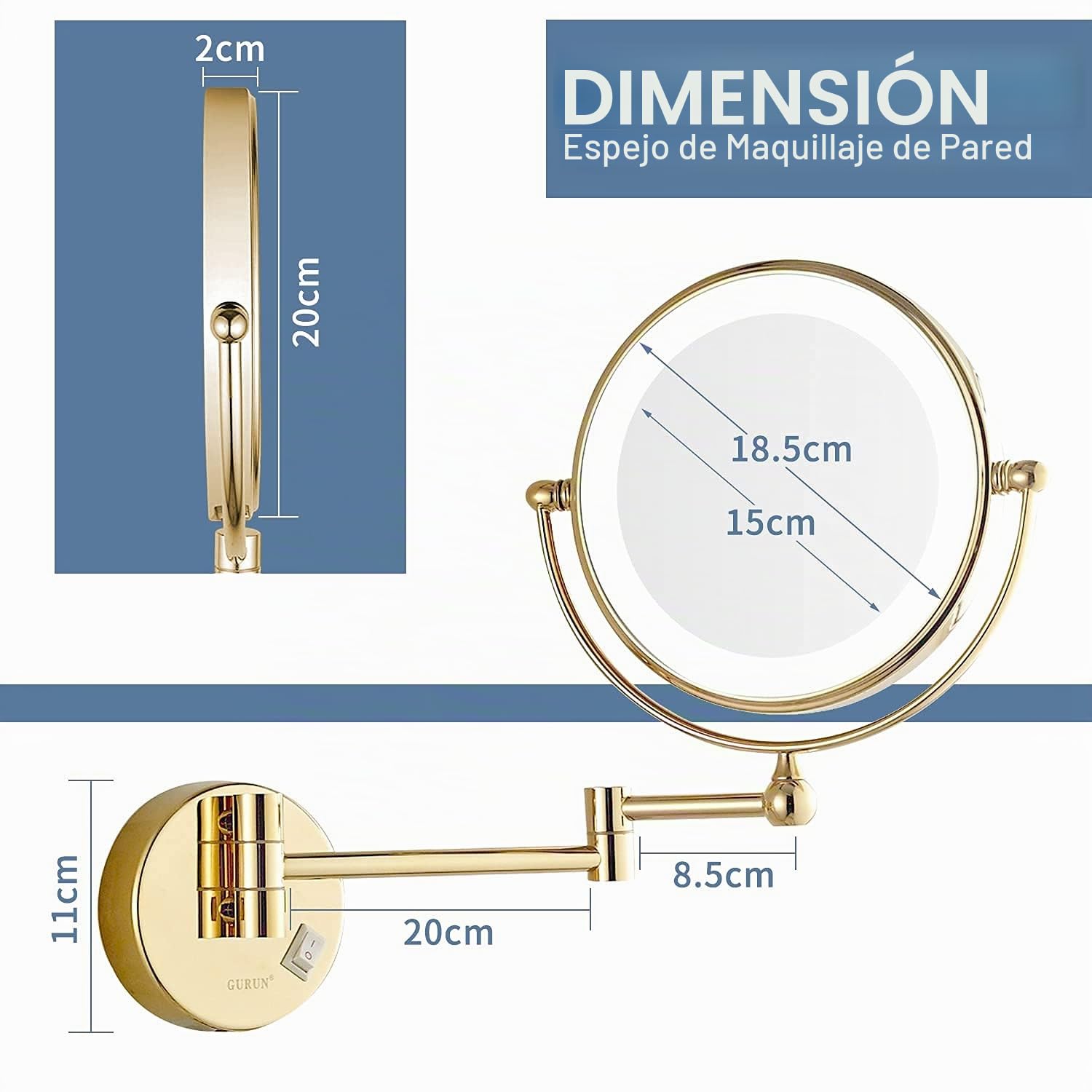 DowryEspejo cosmético con iluminación para pared, dorado con aumento 1X/7X, giratorio 360°, aumento ampliado con luz para baño, hotel, spa