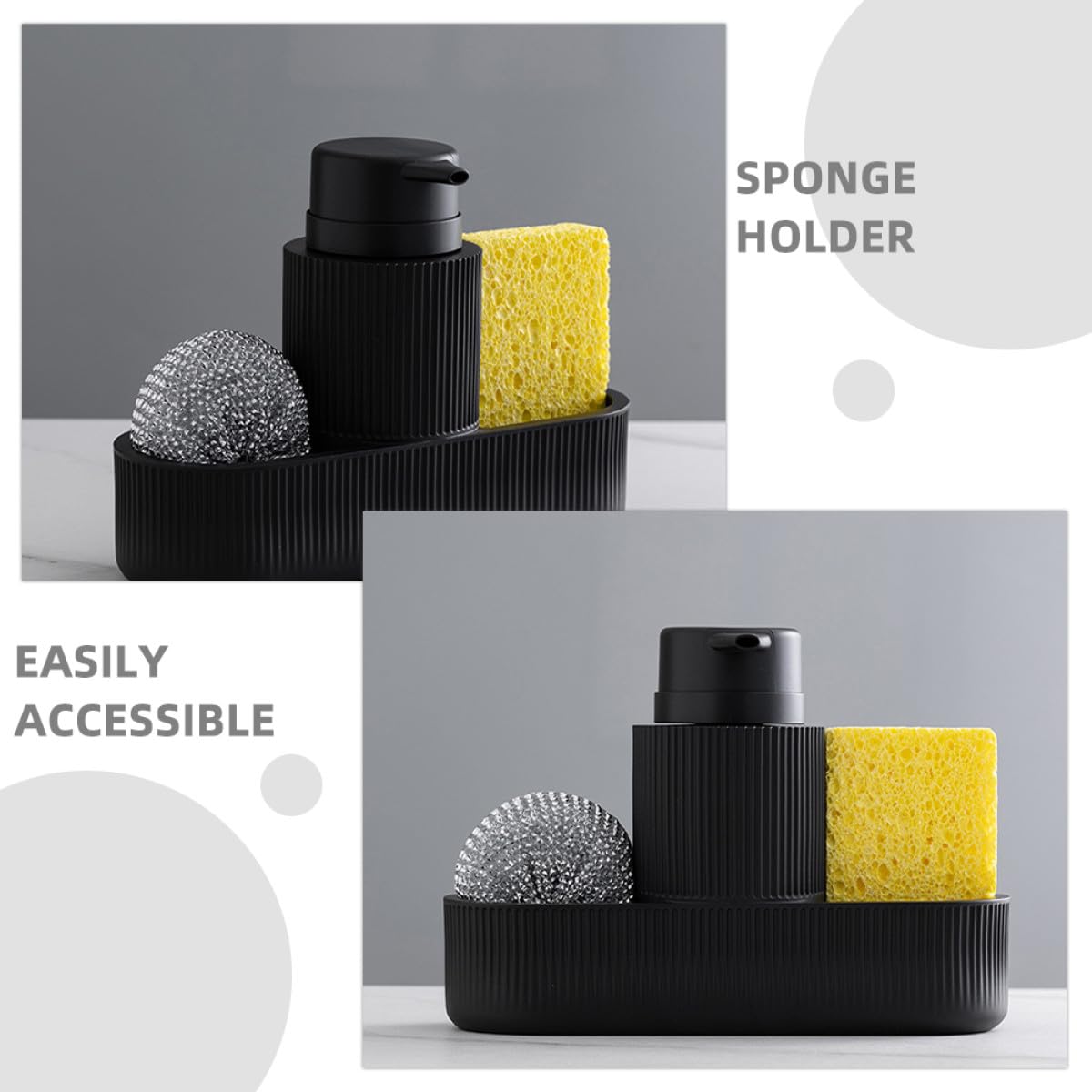 Dispenser di Sapone e Porta Spugna per Lavello Cucina Set Completo Erogatore a Pompa Nero Controllo senza Sforzo per Detersivo Piatti Organizzatore Lavaggio a Mano