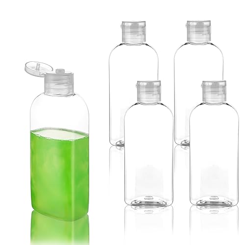 Kitchen GIMS Botellas vacías de plástico transparente, paquete de 5 botellas de 3.4 onzas líquidas con tapa abatible, botella de viaje TSA para