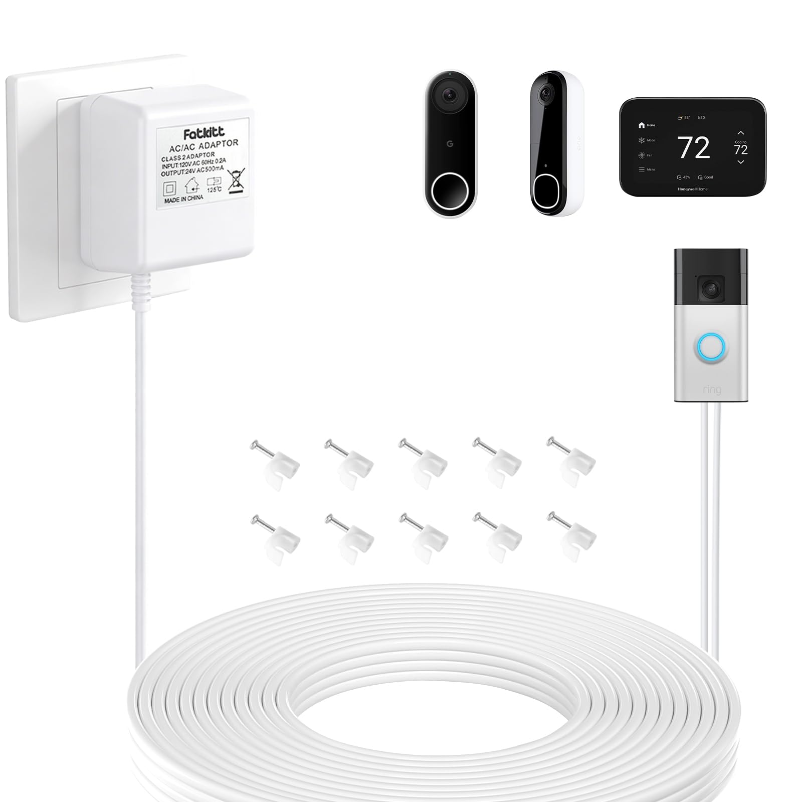 24V AC Doorbell Transformer - 6M (20ft) Long Cable Power Adapter, Universal Compatible with Ring Pro, Nest Hello, Eufy, Arlo & Wyze - C Wire Thermostat Supply
