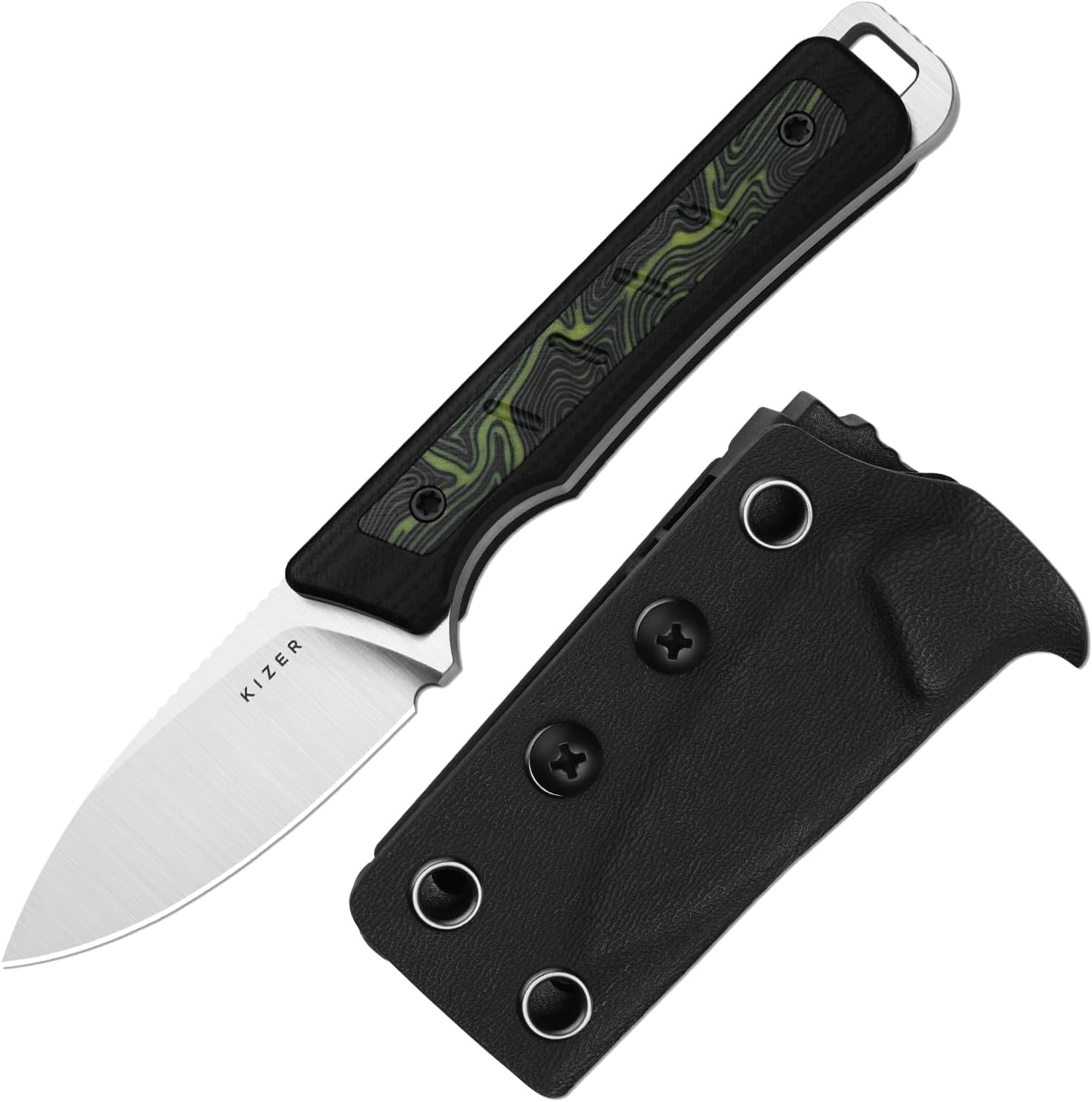 Kizer Whiskey Jack Fixed Blade Knife, 2.06" Drop Point AEB-L Blade Hunting Knife with Kydex Sheath, Black & Green G10 & Damascus G10 Handle EDC Knives for Camping Survival 1108A3