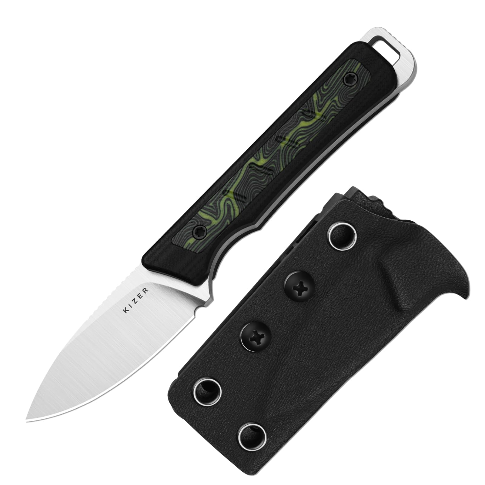 Kizer Whiskey Jack Überlebensmesser mit Kydex Scheide, 5,22 cm Drop-Point AEB-L Klinge Messer mit Schwarzer & Grüner G10- und Damaszener-G10 Griff, EDC Messer für Camping 1108A3