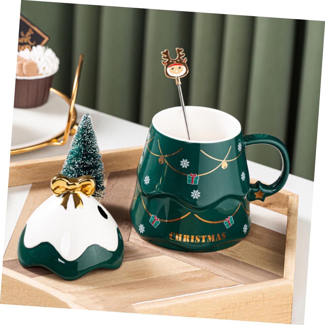 Taza de Cerámica Creativa Forma de Árbol de Navidad, Capacidad 500ml, Tapa y Cuchara para Café en Casa u Oficina
