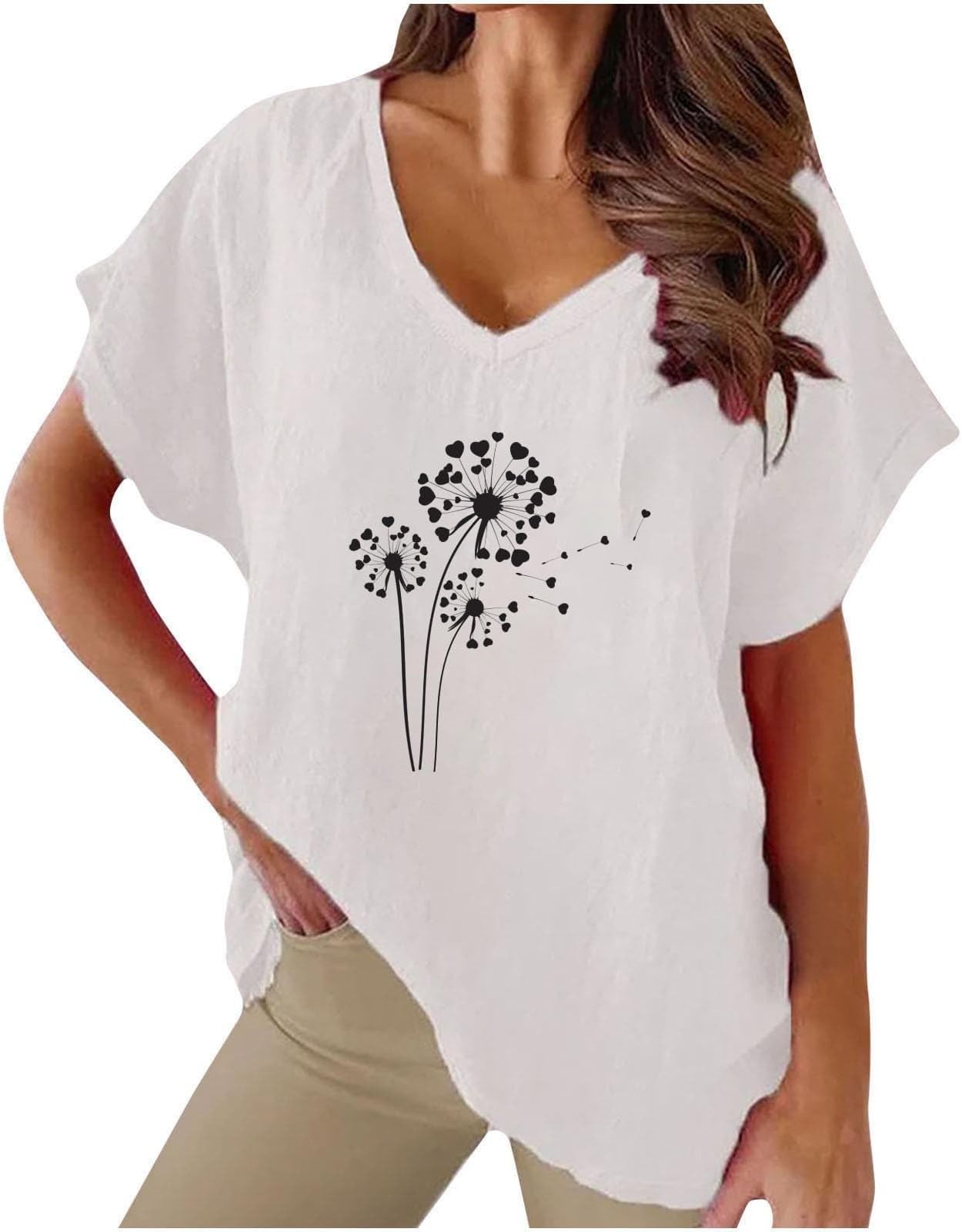 GenericLinen Tops for Women UK Short Sleeve Sale Clearance Casual Loose Fit Batwing Tops Cute V Neck Tunic Blouse Ladies Summer Shirts Plus Size Tops Boho Floral Tops Hawaiian T Shirts
