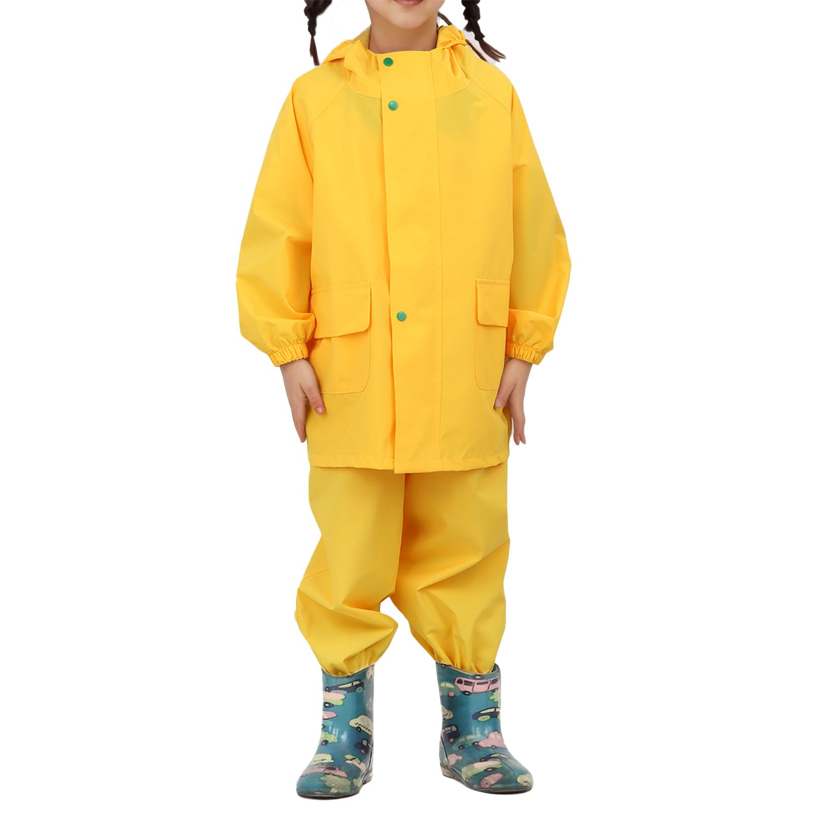 Unisex Trajes de lluvia para Niños Chaqueta Impermeable con Pantalones de lluvia con Tirantes Chubasquero Ligero para Niños con Capucha al aire Libre para Niño y Niña