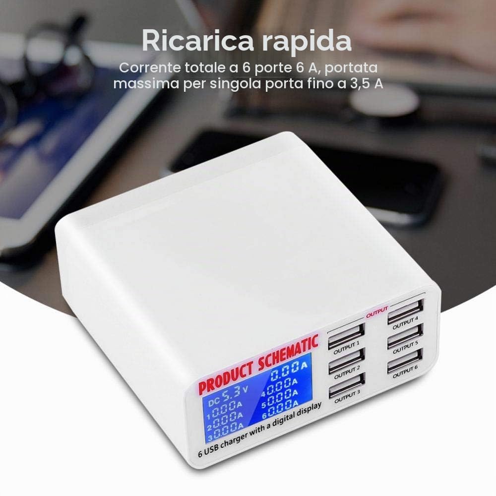 Estink Caricatore USB 6 Porte 6A con LCD | Schermo LCD, 6 porte, 6A, per cellulari e tablet, spina EU