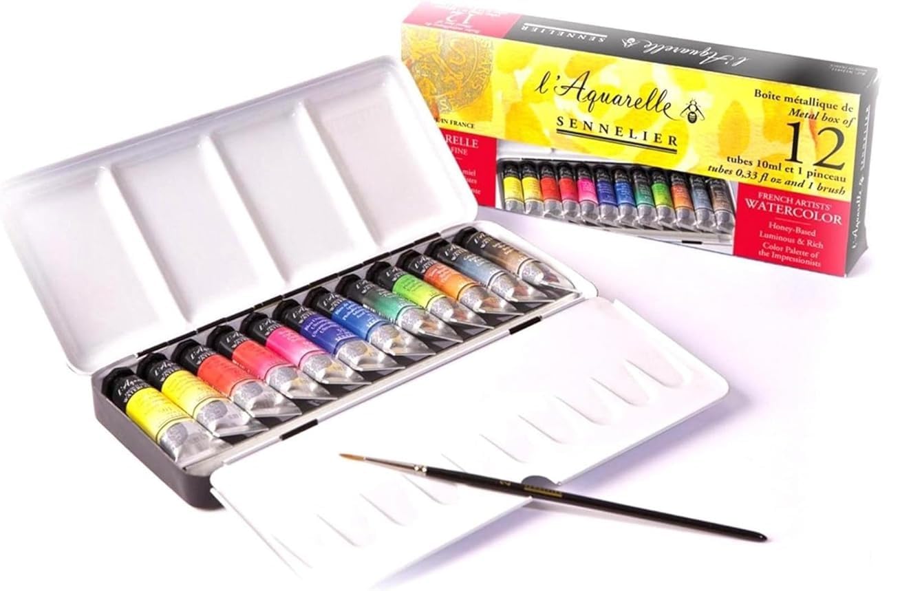 Sennelier Water Color Extra-Fines, 12 tubek po 10 ml, metalowe pudełko, ze szczotką i smugą