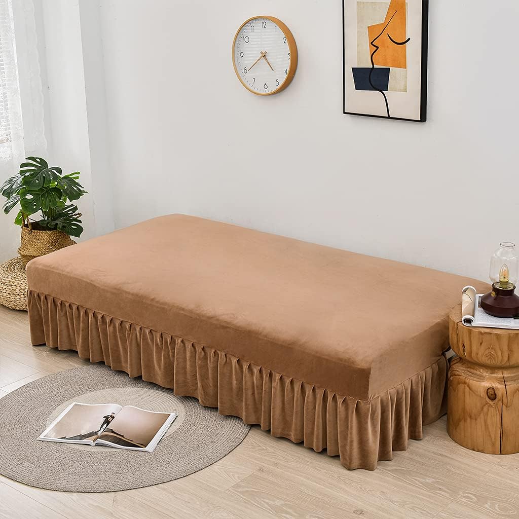 Velvet Sofa Bed Cover Futon Slipcover Solid Color Full Folding Elastic Armless for Patio Couch Bench (Camel-with Skirt Ruffled, Large(63"-71"))