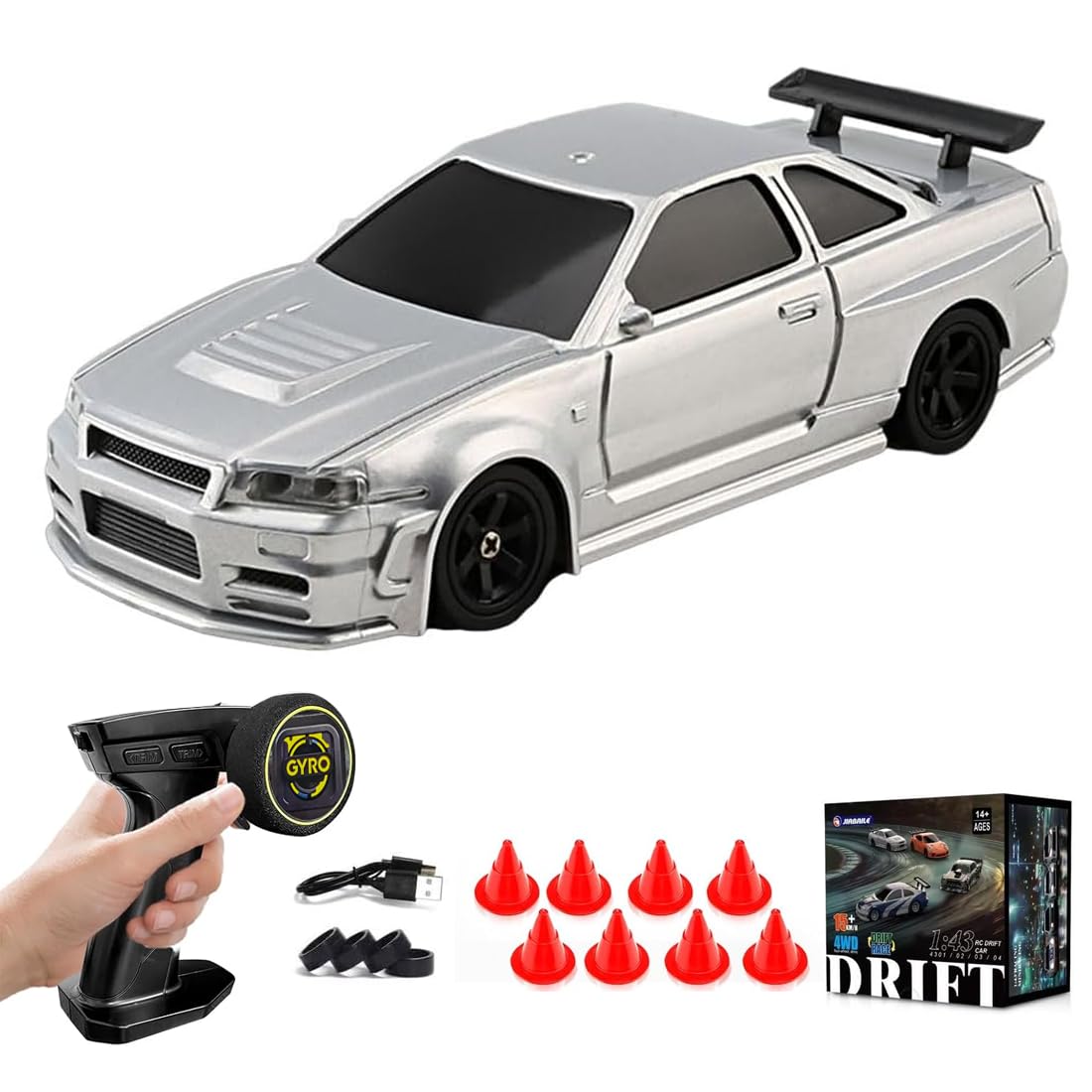 1/43 Scale Mini Drift Cars, Electric Full Proportional 2.4G Remote Control Racing Drift Car Model with Lights Kit, 15KM/H High Speed Vehicle Gift for Adults