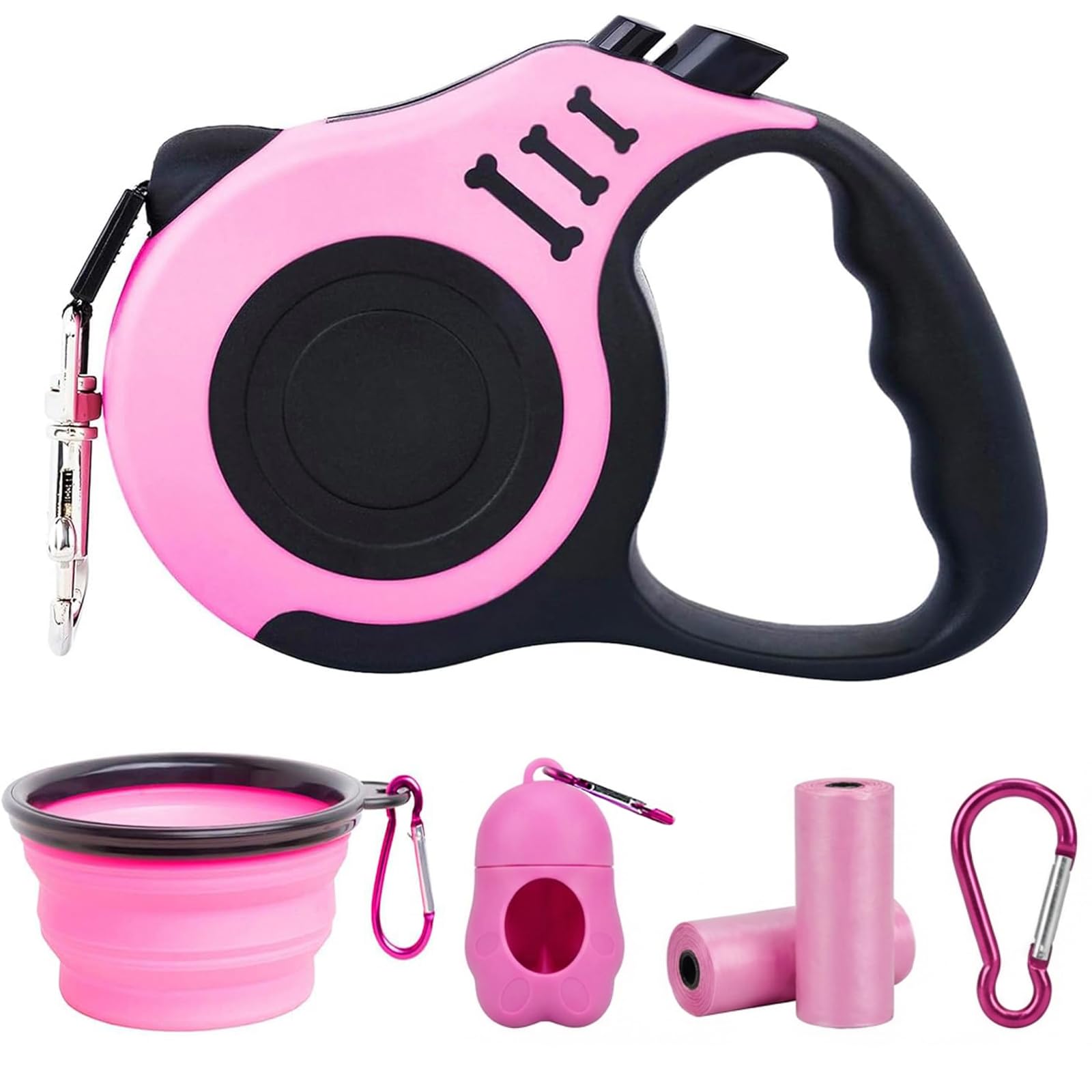 Retractable Dog Leash Lightweight 16FT Leash, with Folding Bowl,Dispenser,Waste Bags, for Small Medium Dogs(Pink)