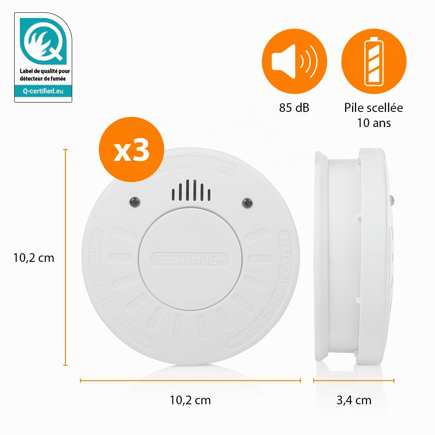 Smartwares Lot de 3 détecteurs de fumée - 85 DB - Capteur Optique - Pile 10 Ans - Label Q - FSM-12503