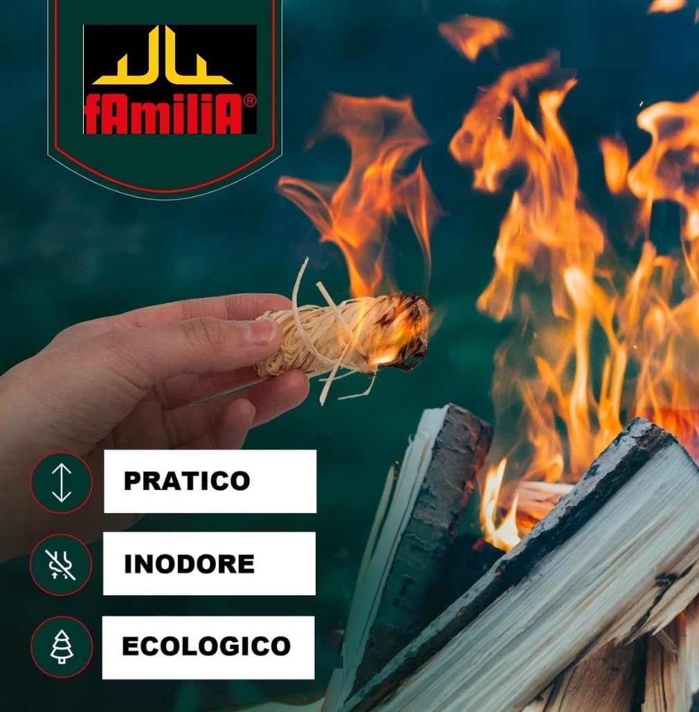Accendifuoco a Ricciolo Naturale Familia Forni per Pizzeria ,Lana di Legno e Cera Naturale, Ecologico Inodore, 20pz(12, Accendifuoco a Ricciolo)