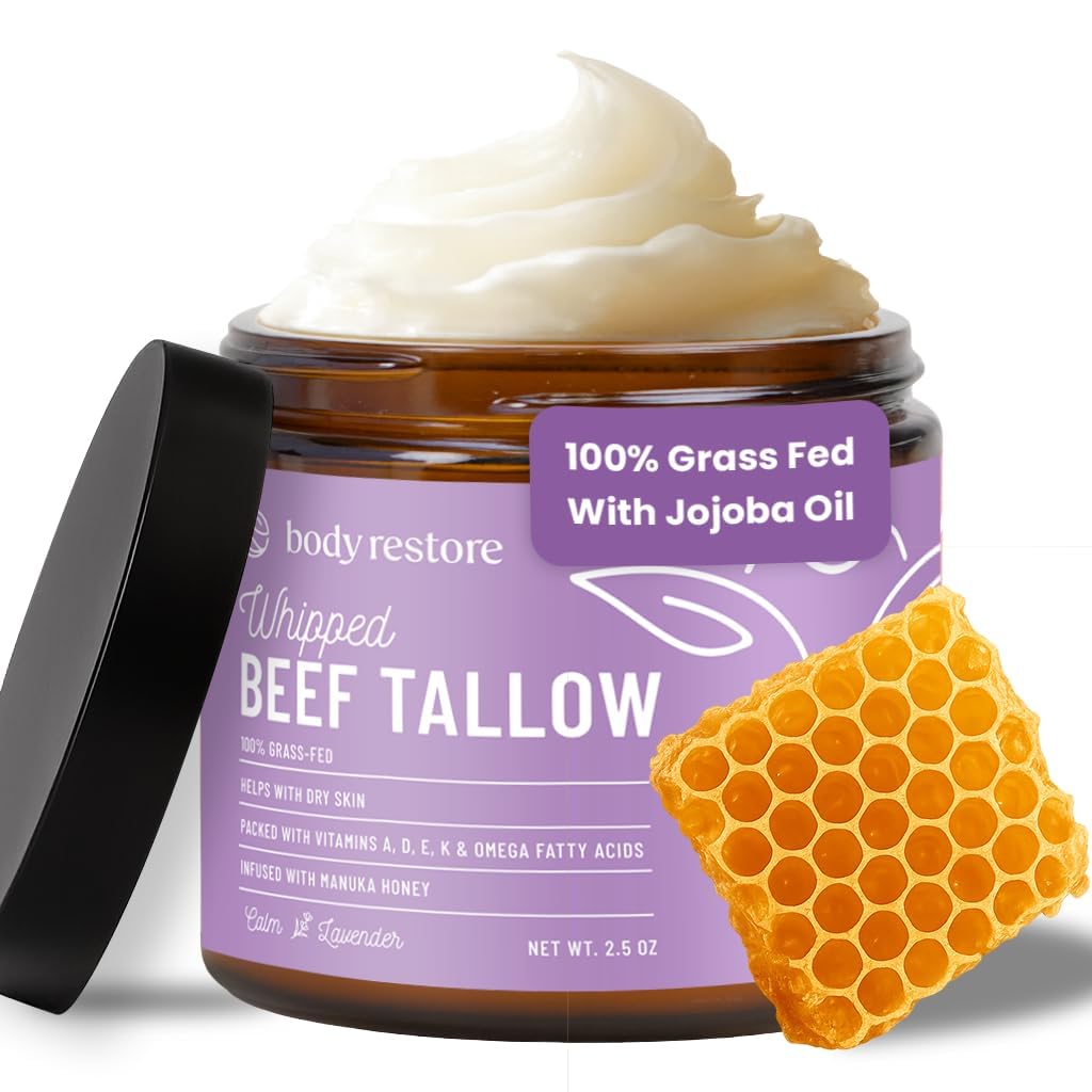 Body Restore Grass Fed Whipped Beef Tallow Balm for Face & Body – Manuka Honey, Jojoba Oil, Cocoa Butter – Deep Moisture for Dry, Cracked Skin –