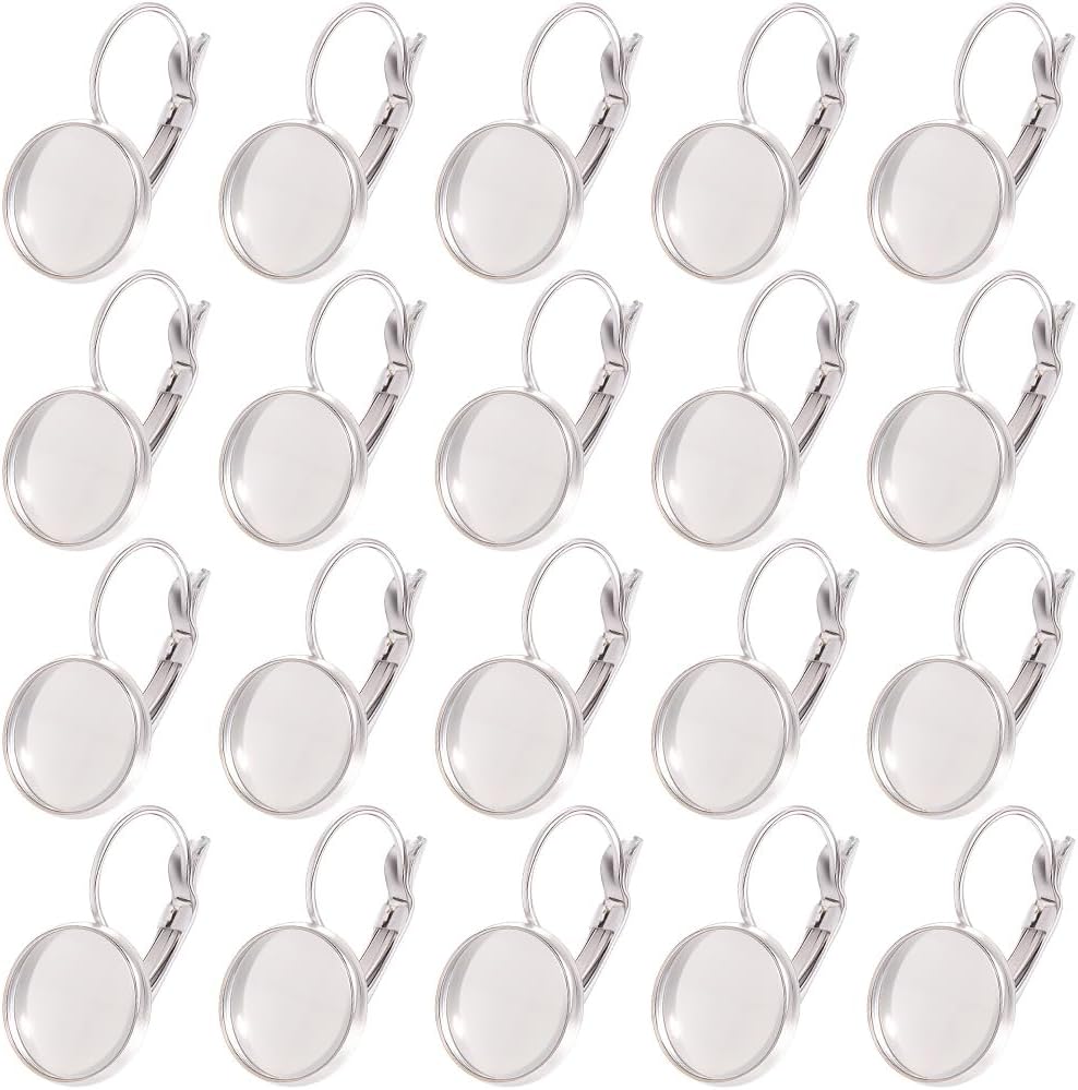 SUNNYCLUE 1 Box 30 Pairs Stainless Steel Earring Bezels Leverback Earring Blanks Silver 12mm Flat Round Tray Settings Hooks Findings for Ear Ring Wire DIY Jewelry Making Crafts Trendy Gifts Women