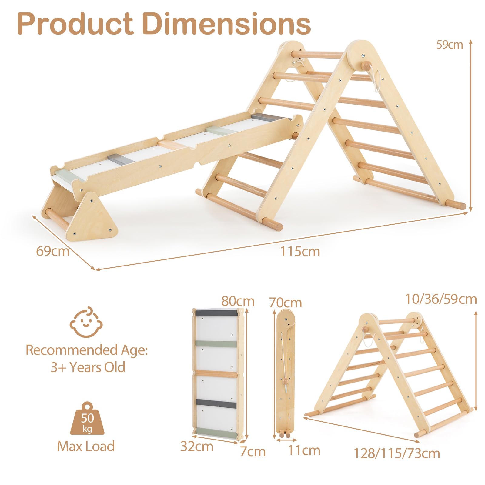 HOMASIS 3 in 1 Kletterdreieck mit Kletterleiter & Wippe, Holz Klettergerüst Indoor mit doppelseitiger Rampe, klappbarer Spielplatz zum Klettern Wippen, Sprossendreieck für Kinder ab 3 Jahren, Natur