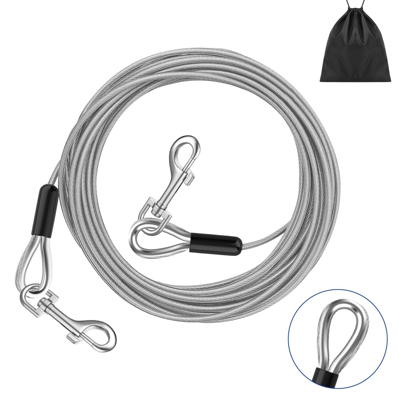 Pawaboo Cable de Amarre para Perros, 3m Cable para Atar Perros de Acero Resistente con Gancho Giratorio 360° y Resorte de Choque para Perros Pequeños y Grandes hasta 125 lbs Patio Acampada, Plata