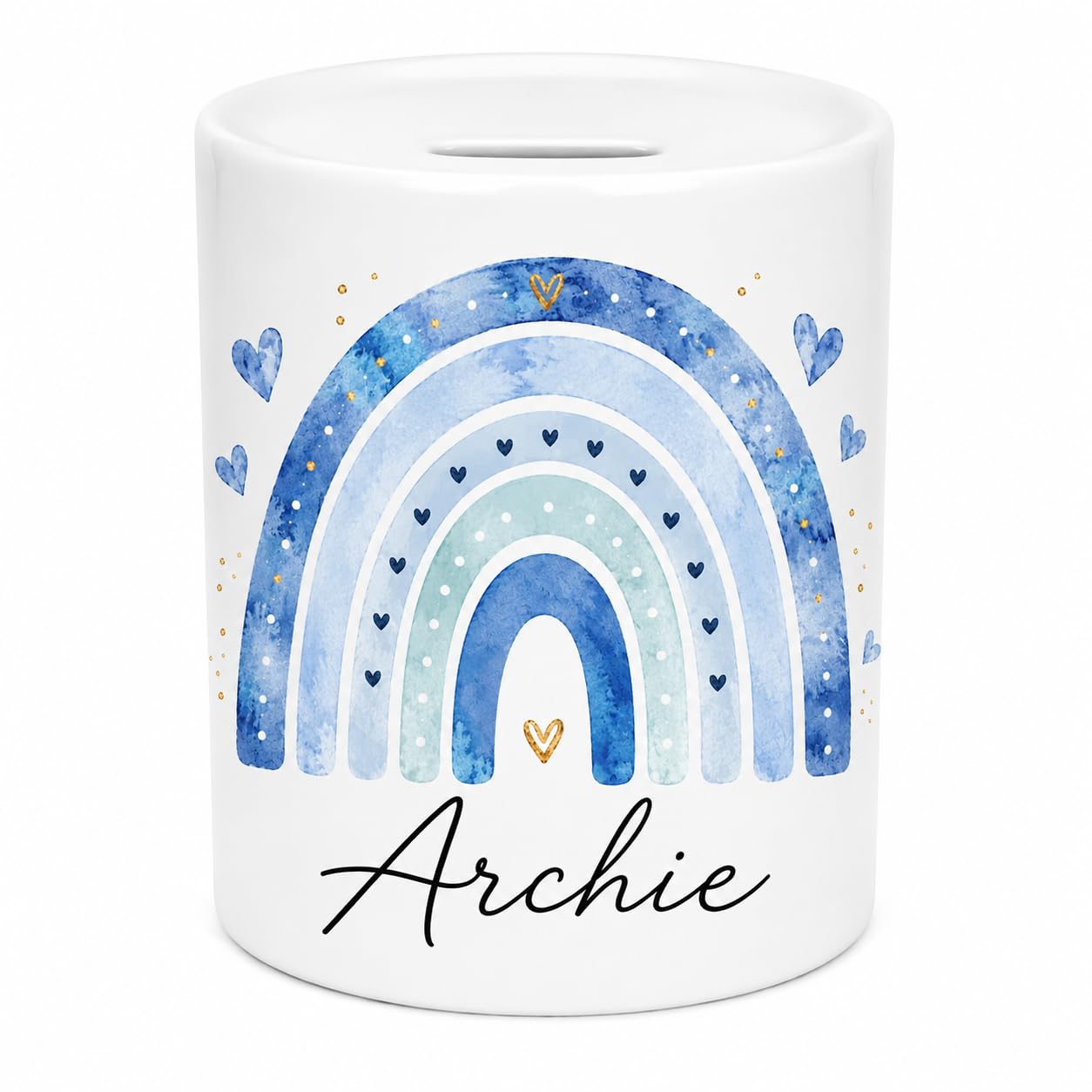Personalised Rainbow Ceramic Money Box – Custom Kids Coin Bank with Any Name – Blue Rainbow Piggy Bank for Boys, Babies & Toddlers – Nursery Savings Pot Keepsake Gift