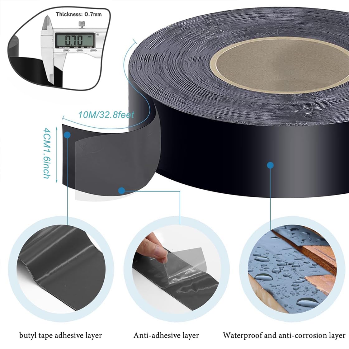 Joist Deck Butyl Tape 1.57in X 3.28 Ft Weather-Resistant Black Joists Flashing Tape for Wood Decking Roofs Beams RV Fence