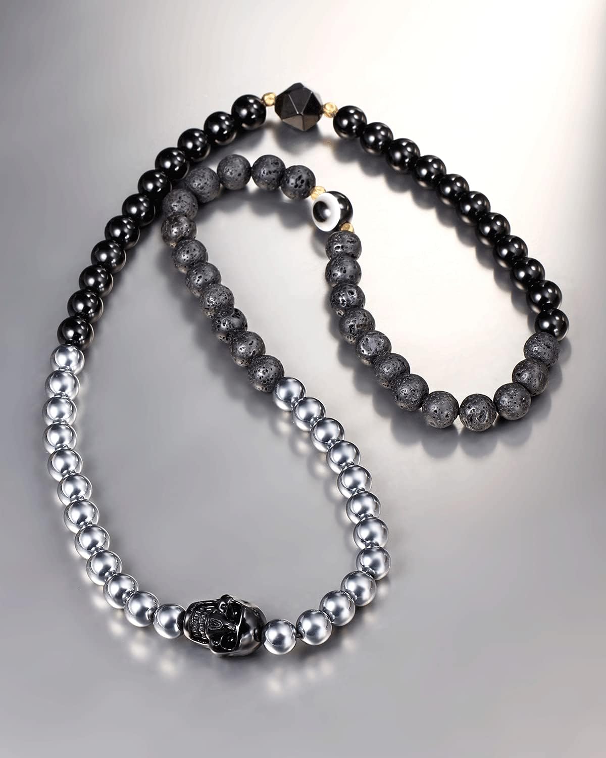 Black Obsidian/Terahertz/Lava Stone Beaded Wrap Couples Bracelets for Men and Women Small Skull Evil Eye Bracelet Essential Oil Diffuser Bracelet