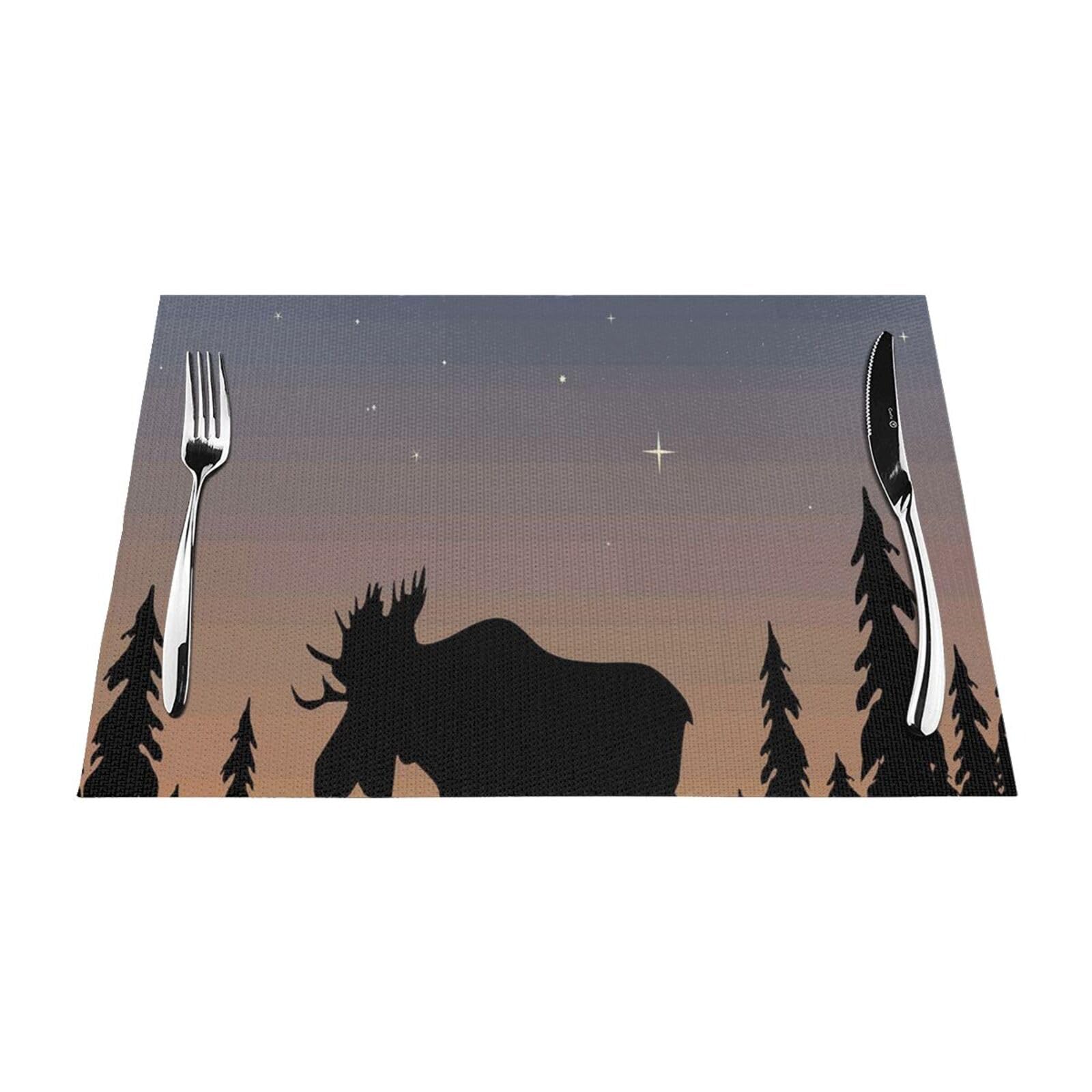PVC Placemat Set of 4 PCS, 45x30 CM, Moose Mountain Pine Tree Wilderness Printed Non-Slip Heat Resistant Place Mats for Kitchen Dining Table Indoor Outdoor