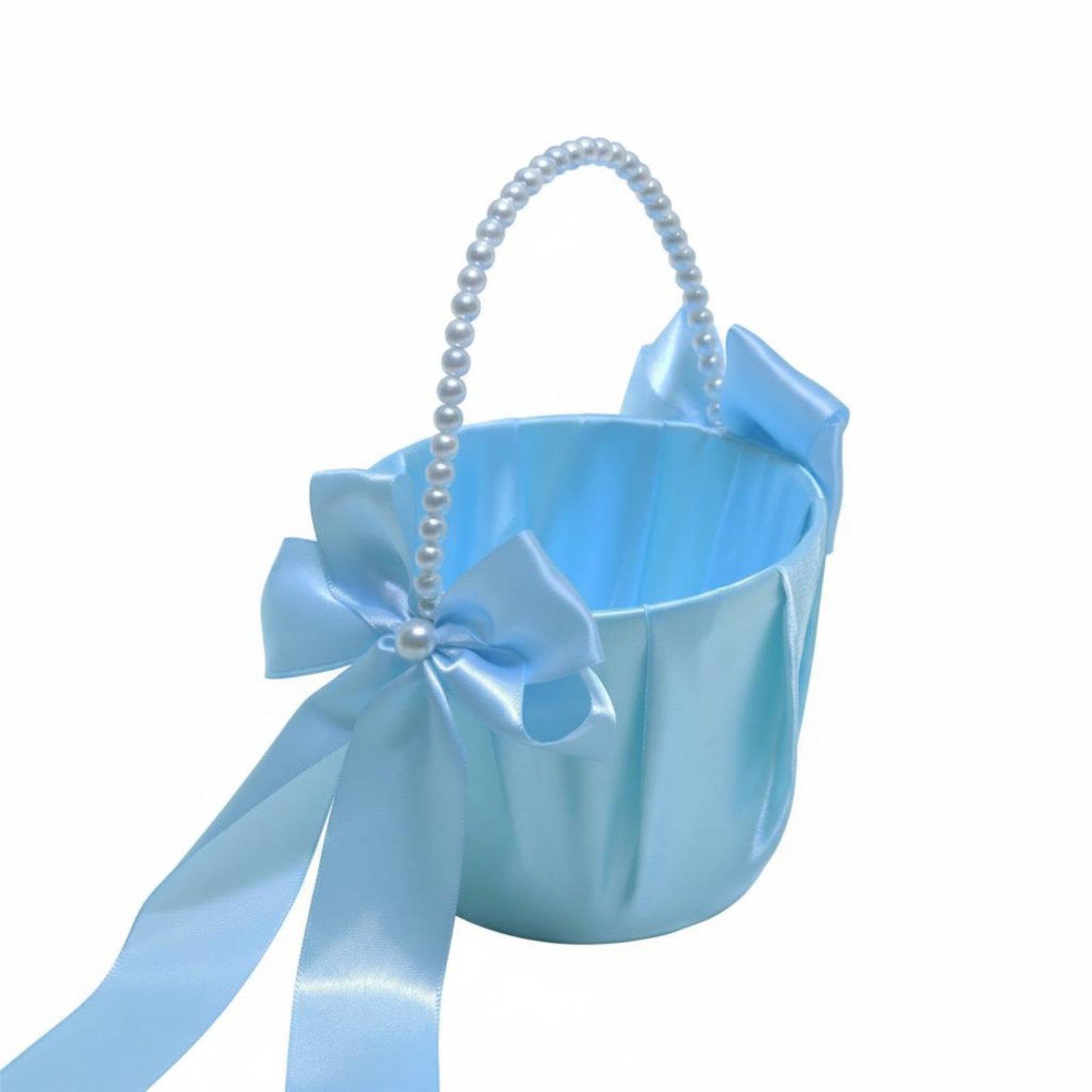 Wedding Flower Girl Ribbon-Trimmed Basket Decoration Satin Flower Girl Basket Romantic Design Aesthetic for Girls, Kids, Symbol Bearer Moment Blue | Ring Pillows & Flower-image-6