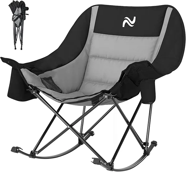 ABORON Oversized Rocking Camping Chair for Adults, Fully Padded Folding Outdoor Lawn Chair with Cooler Bag & Side Pocket, Portable Recliner Chair for Camp, Patio, Backyard, Supports 400 lbs