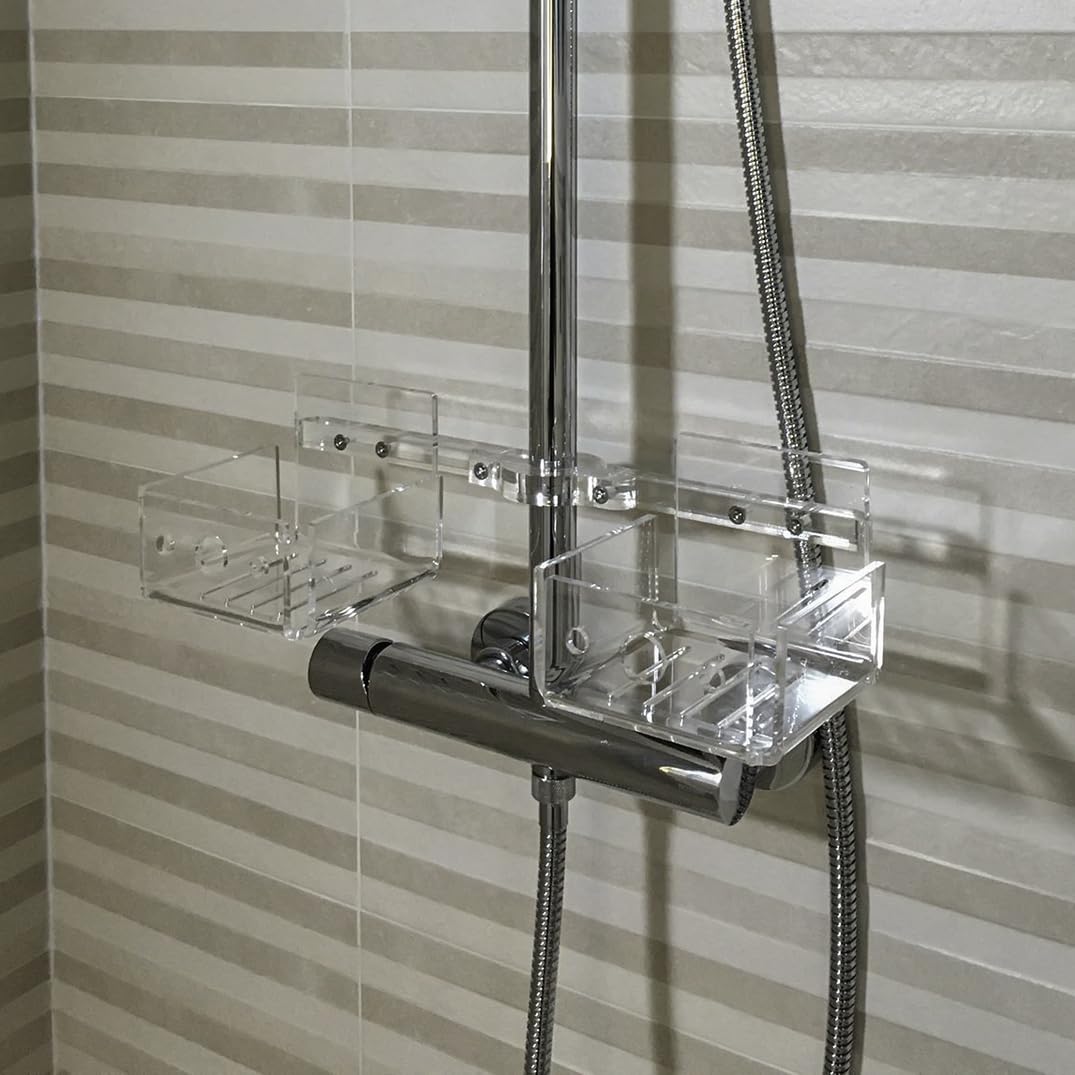 IKONA Soporte para champú para barra de ducha de plexiglás | Fabricado en Italia (12 cm de altura x 38 cm de ancho - 2,5 cm de diámetro)