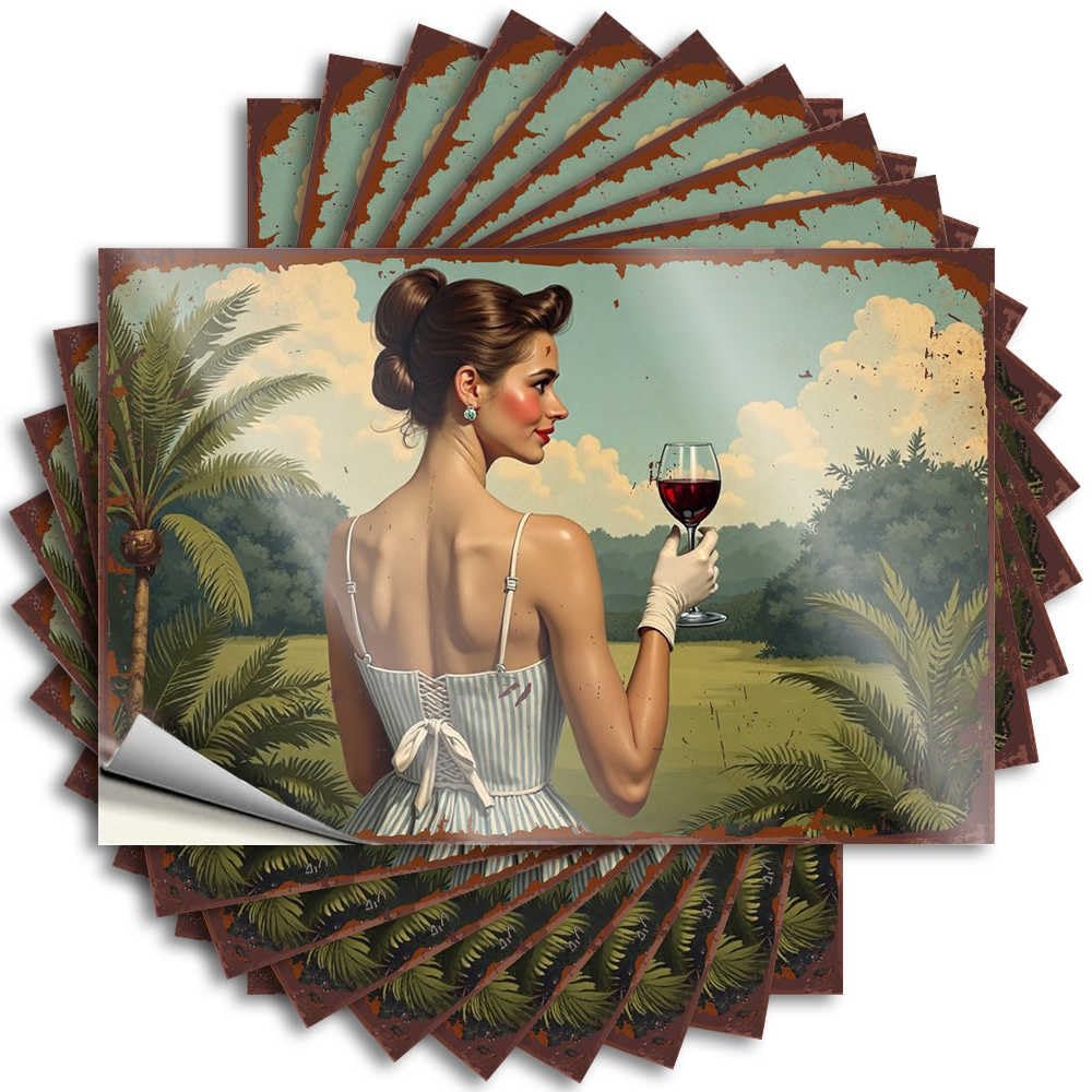 Lettering Sticker Vintage Decor | Reading Helmet Vintage Woman Enjoying Red Wine in Tropical Paradise for Darts(12X18CM)
