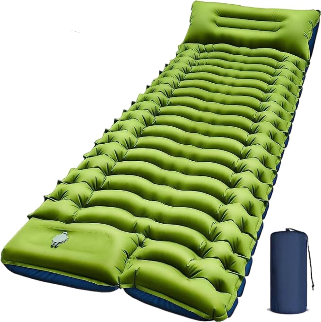 Ultra-Light Camping Sleeping pad with Pillow and Built-in Foot Pump, Suitable for Camping and Family Travel Tents (Green)
