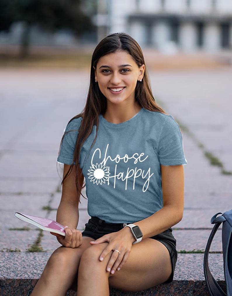 Graphic Tees for Women Choose Happy Letter Print Shirts Sunflower Women T Shirt Inspirational Short Sleeve Casual Tops - Image 3