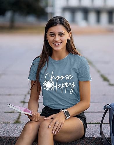 Miniatura 3 de Camisetas gráficas para mujer, camisetas con estampado de letras felices, girasol, camiseta inspiradora de manga corta casual