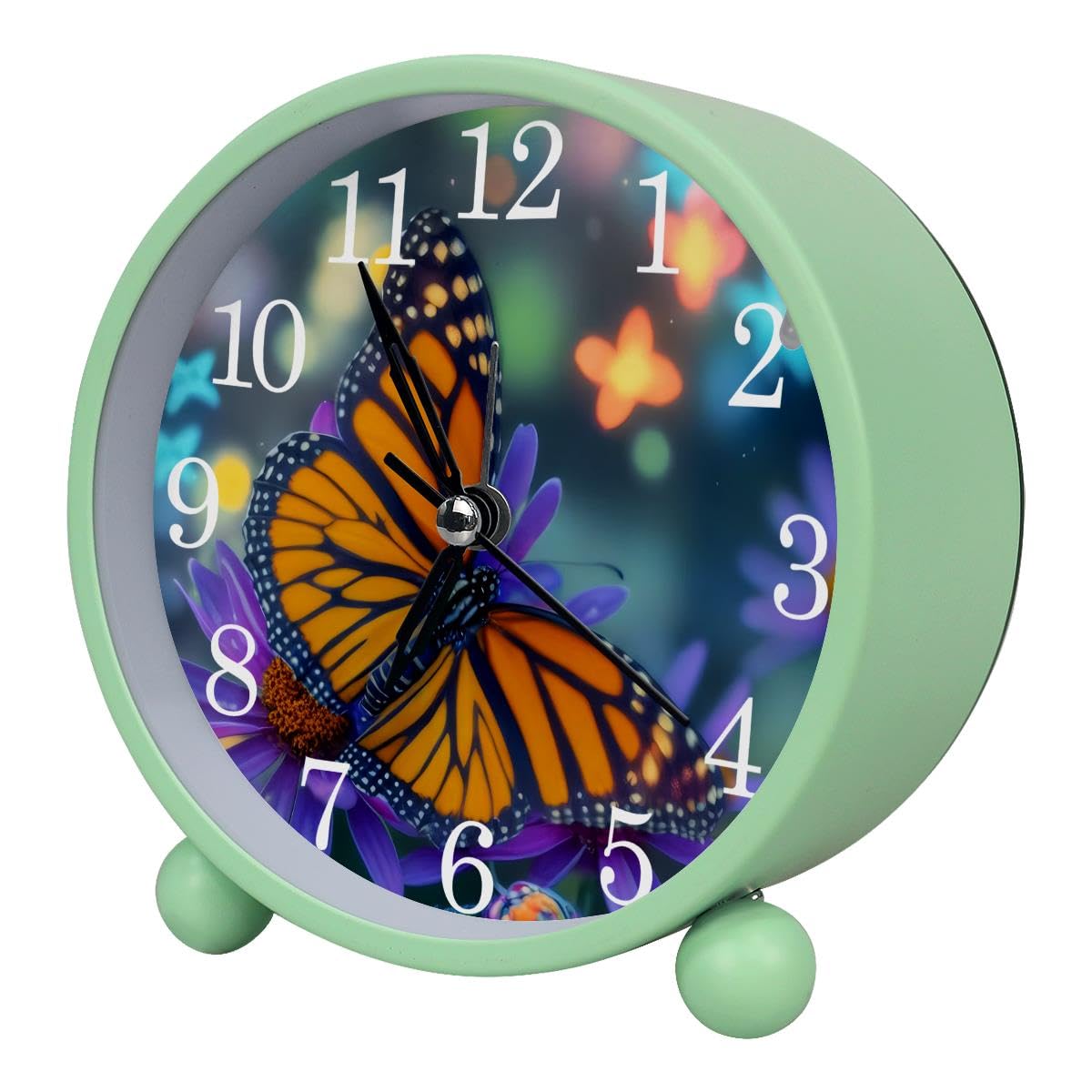 Alarm Clock Purple Flowers Butterfly, Silent Non-Ticking with Night Light