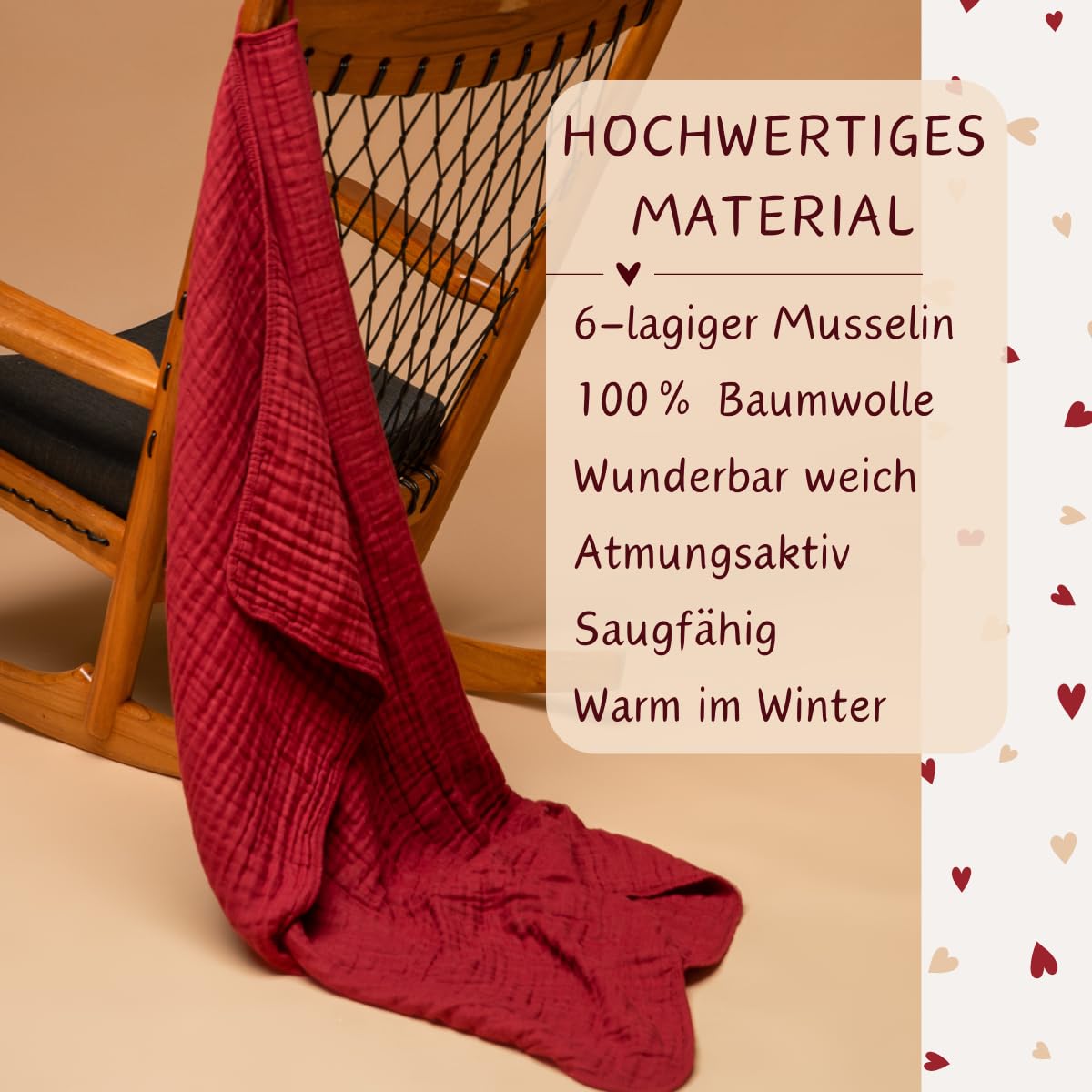 K.A.O.S by T&M Premium Musselin Babydecke/Kuscheldecke/Musselintuch in Rot - Rotes Handtuch Geburt - 120x120 cm - 6-lagig - 100% Baumwolle - Geschenk zur Geburt Junge Mädchen