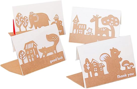Amazon Moin Moin メッセージ カード バースデーカード サンキューカード 森のどうぶつ ナチュラル 切り絵 レトロ ブラウン カード 封筒 4種セット リス ゾウ キリン キツネ ポストカード 絵柄付はがき 文房具 オフィス用品