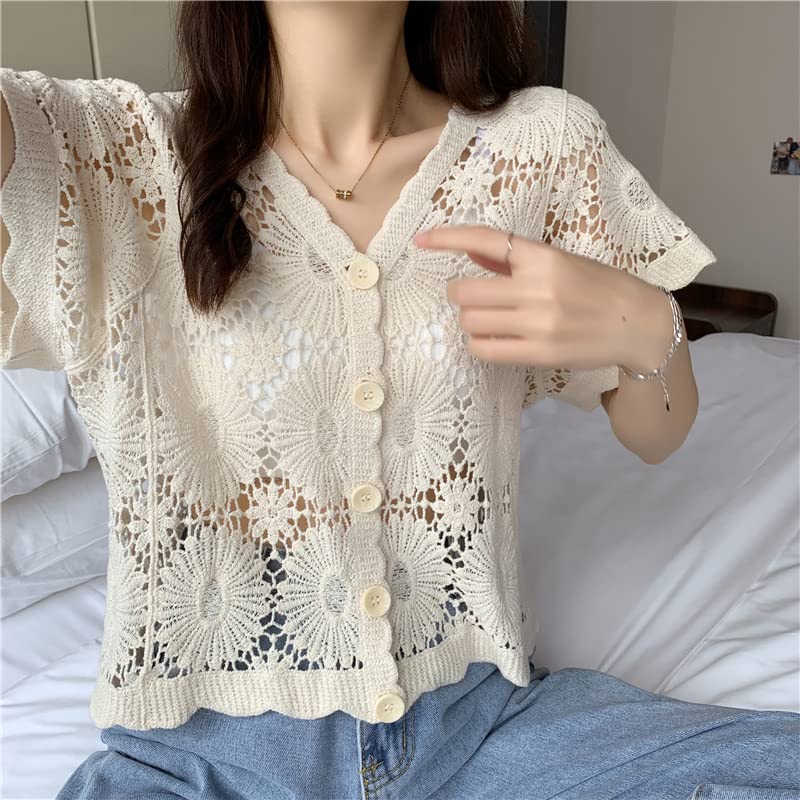 Cottagecore Clothing Fairy Grunge Clothes Fairycore Shirt Women Short Sleeve Crochet Hollow Out Flower Lace Cropped Cardigan3